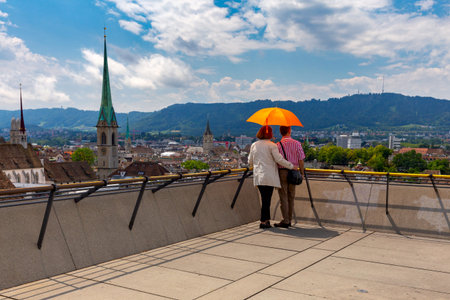 Aerial view of city rooftops and towers. Zurich. Switzerland.の写真素材