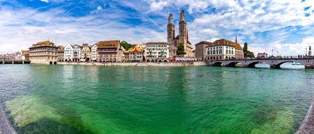 Zurich. Panoramic view of the city promenade and the facades of medieval houses at dawn. Switzerland.の写真素材