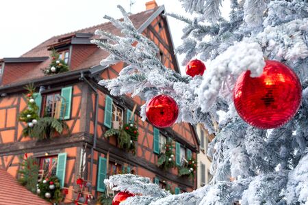 Traditional Christmas decorations on the facades and windows of houses. Alsace Colmar.の写真素材