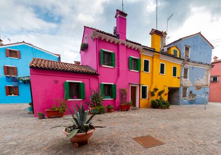 Facades of traditional old houses on the island of Burano.の写真素材