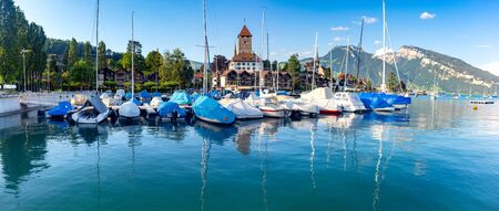 Panorama of the traditional alpine village Spiez near Lake Thun.の写真素材