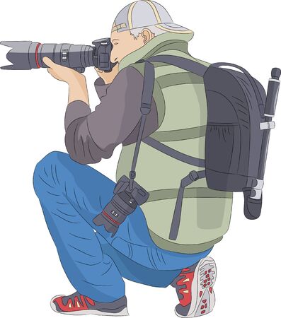 Photographer man in a cap with a camera tripod and a photo backpack on his back.のイラスト素材