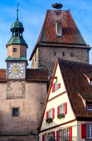 View of the stone towers and medieval buildings in the historic city. Rothenburg ob der Tauber. Bavaria Germany.の写真素材