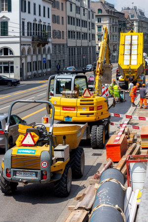 Zurich, Switzerland - July 12, 2019 : Road works on a city street.のeditorial素材