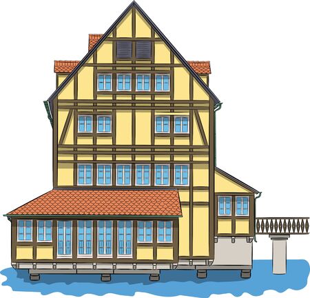 Facade of an old house over a canal in in Bamberg.のイラスト素材