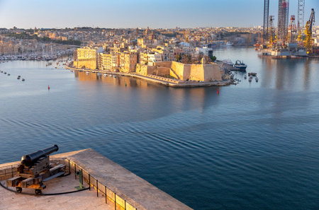 Malta. Aerial view of the old town and the bay on a sunny morning.
