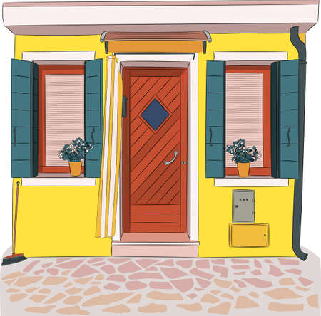 Bright yellow facade of a typical house on the island Burano.のイラスト素材