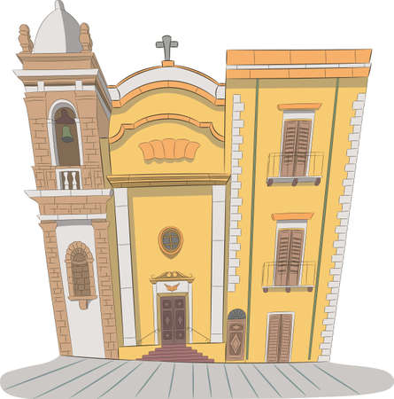 The old Italian yellow Catholic church in Castellammare del Golfo.のイラスト素材