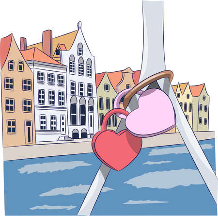 Multicolored old houses in the historic part of Bruges.のイラスト素材