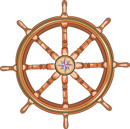 Wooden nautical steering wheel with a drawing of a wind rose.