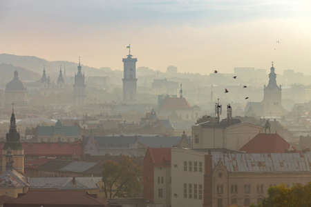 Lviv. Aerial city view in fog.の写真素材