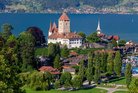The traditional alpine village Spiez near Lake Thun.の写真素材