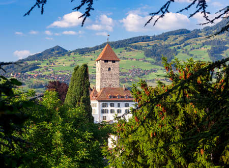 The traditional alpine village Spiez near Lake Thun.の写真素材