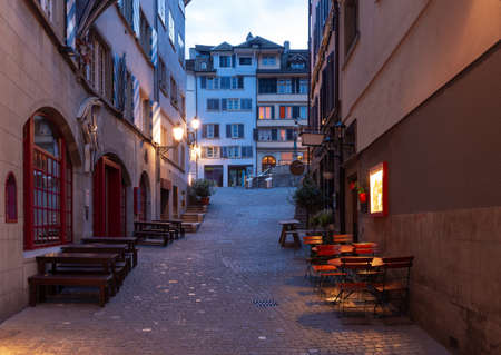 Zurich. Old city street in night illumination.の写真素材