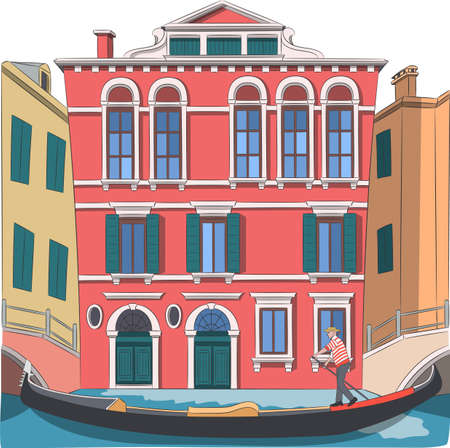 A gondolier in a gondola boat sails along the canal of Venice.のイラスト素材