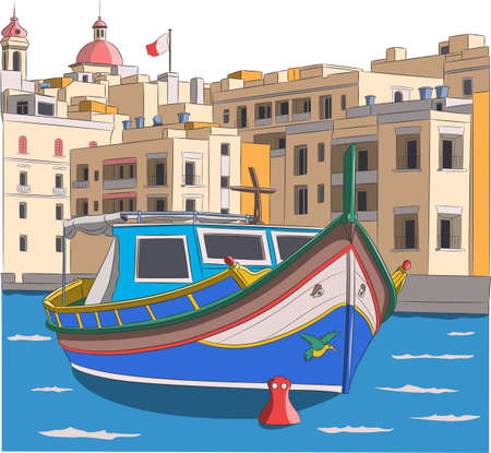 Malta. The colorful traditional fishing boat Luzzu against the backdrop of the city of Valletta.のイラスト素材