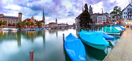 Zurich. Old city embankment and medieval houses at dawn.の写真素材