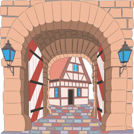 Nuremberg. Old stone city gates in the fortress wall.のイラスト素材
