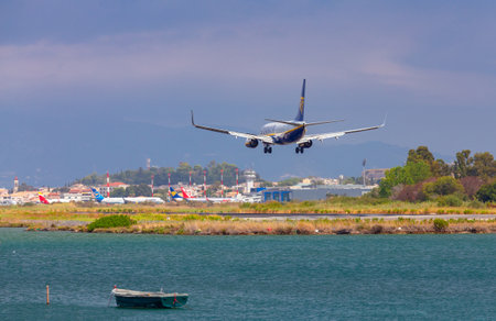 Ryanair aircraft is landing at Corfu airport.のeditorial素材