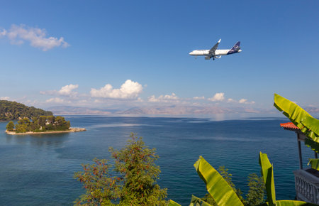 A Lufthansa plane lands at Corfu airport.のeditorial素材