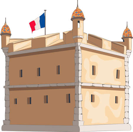 Old stone bastion with the flag of France in Menton.のイラスト素材