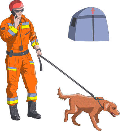 A man rescuer in a special uniform with a dog.のイラスト素材