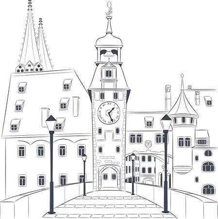 Germany. Regensburg. Black and white drawing of an old stone bridge and city gates.のイラスト素材