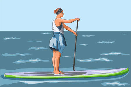 A young woman floats on a surfboard in the sea.のイラスト素材