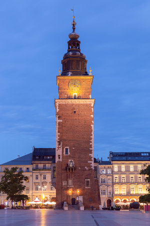 Krakow. Market square in the night lights at sunrise.