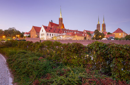 Old houses and towers on Tumski Island in Wroclaw.の写真素材