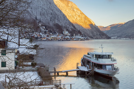 Hallstatt. Scenic view of the city at sunrise in the early morning.の写真素材