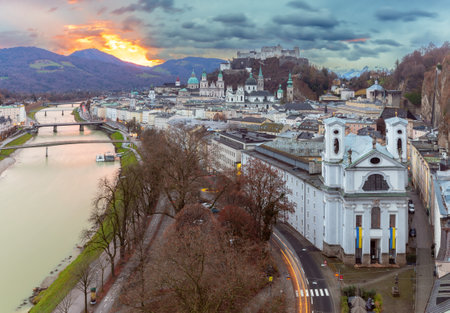 Salzburg. Picturesque view of the old historical part of the city at dawn.の写真素材