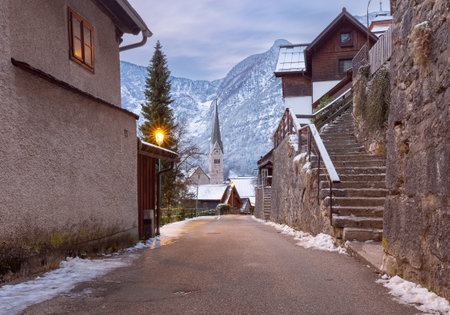 Hallstatt. Scenic view of the city and the lake at sunset.の写真素材