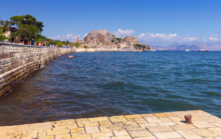 Kerkyra. Greece. View of the coastline and ships on a sunny day.の写真素材