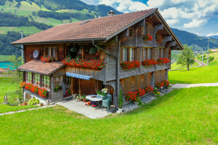 Old wooden houses in a swiss village.の写真素材