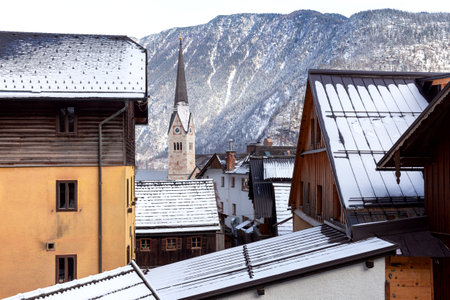 Hallstatt. Scenic view of the city and the lake at sunset.の写真素材