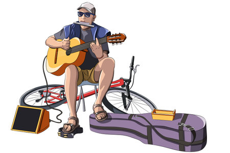 Street musician playing guitar, harmonica and tambourine isolated on white background.のイラスト素材