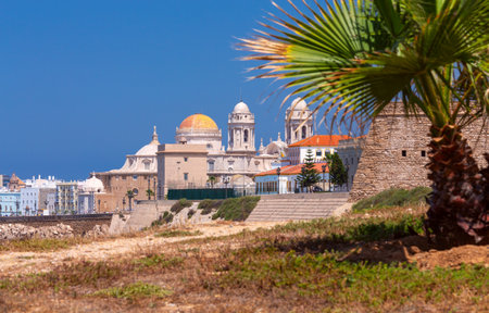 Cathedral of the Holy Cross on the waterfront of Cadiz on a sunny day.の写真素材