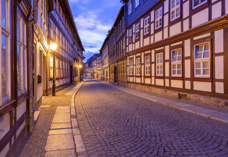 Beautiful facades of old German half-timbered houses in Wernigerode.の写真素材