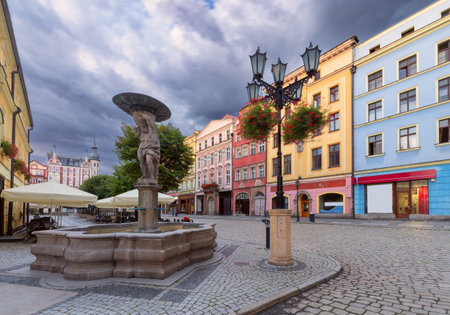 Swidnica. Market Square and Neptune Fountain at dawn.
