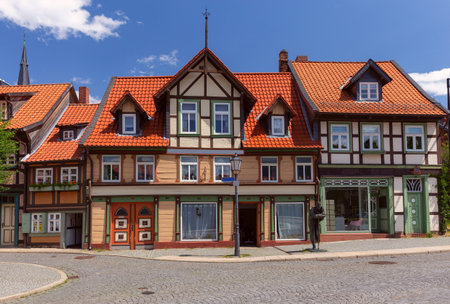 Beautiful facades of old German half-timbered houses in Wernigerode.の写真素材