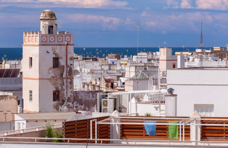 Aerial view from the tower to the white houses of Cadiz on a sunny day.の写真素材