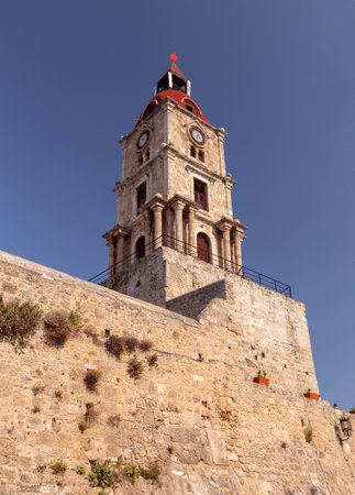 Stone towers and walls of old medieval fortifications on the Island of Rhodes.