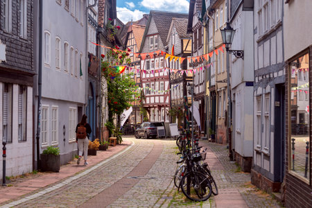 Marburg. An old medieval street in the historical center on a bright sunny day.の写真素材