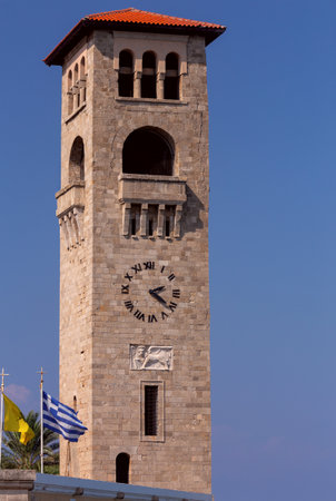 Tall Venetian tower in front of the old Orthodox Greek church in Rhodes.の写真素材