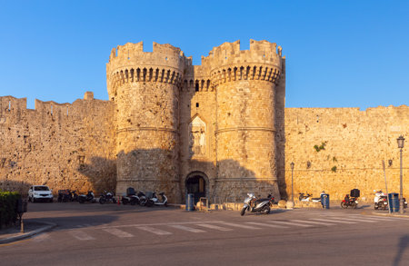 Old stone city wall in the city of Rhodes.の写真素材