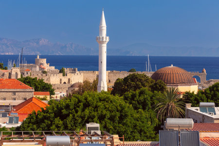 Scenic view of the historical part of Rhodes at dawn.の写真素材