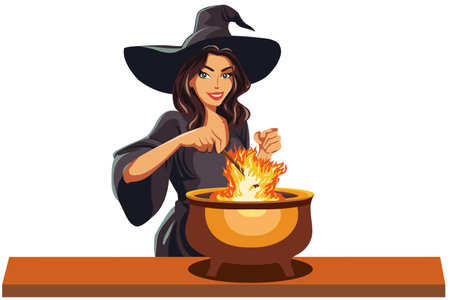 A beautiful witch in a black dress and hat brews a potion in a cauldron.のイラスト素材