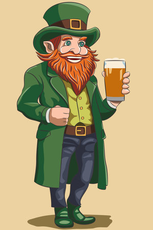 Leprechaun in a green hat with a red beard and mustache with a glass of foaming beer in his hand.のイラスト素材