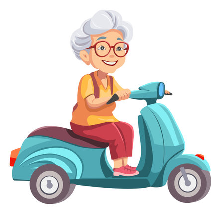 An old gray-haired smiling grandmother rides a green scooter.のイラスト素材